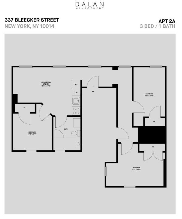 Floor plan for 3 beds, 1 bath